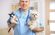 Happy vet with dog and cat, focus intentionally left on smile of veterinary.