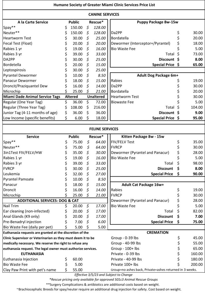 Clinic Price List – Updated March 2023